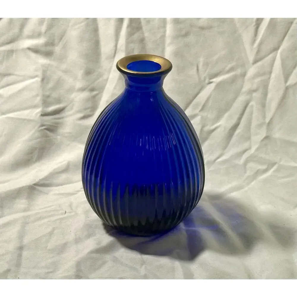 Vintage Cobalt Blue Ribbed Glass Vase | Gold Rim Art Deco Globe
